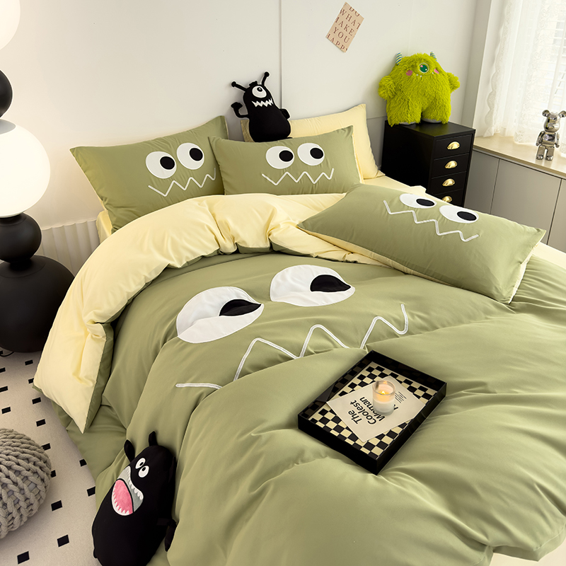 纯色可爱水洗棉小怪兽夏季绣花四件套床单被套床笠V款宿舍三件套4