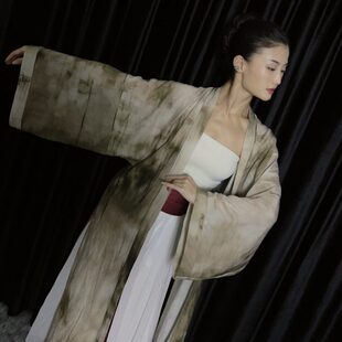 WYZ盖盖扎染纹理感水墨绿纱衣男女同款古风开衫古典中式长衫