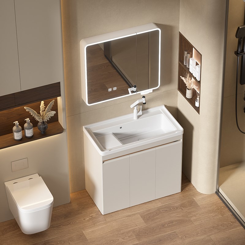 不锈钢落地式带搓衣板浴室柜组A合卫生间防水陶瓷一体洗衣盆洗手