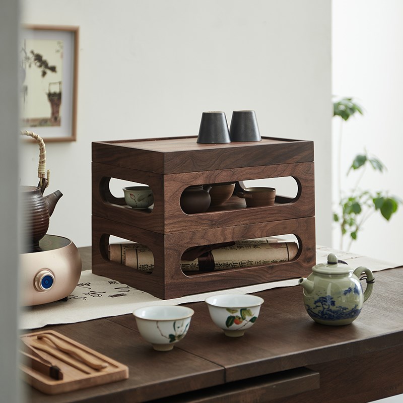 S228中式茶具桌面收纳盒黑胡桃实木双层可叠加便携茶杯置物架储物