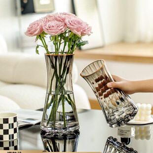 轻奢小花瓶玻璃摆件客厅插花透明水养鲜花百合玫瑰高级感餐桌水培