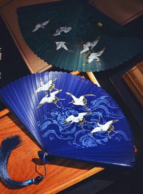 6JN全竹扇子古风小扇子迷你中国风喷绘复古风女折扇绿色跳舞蹈