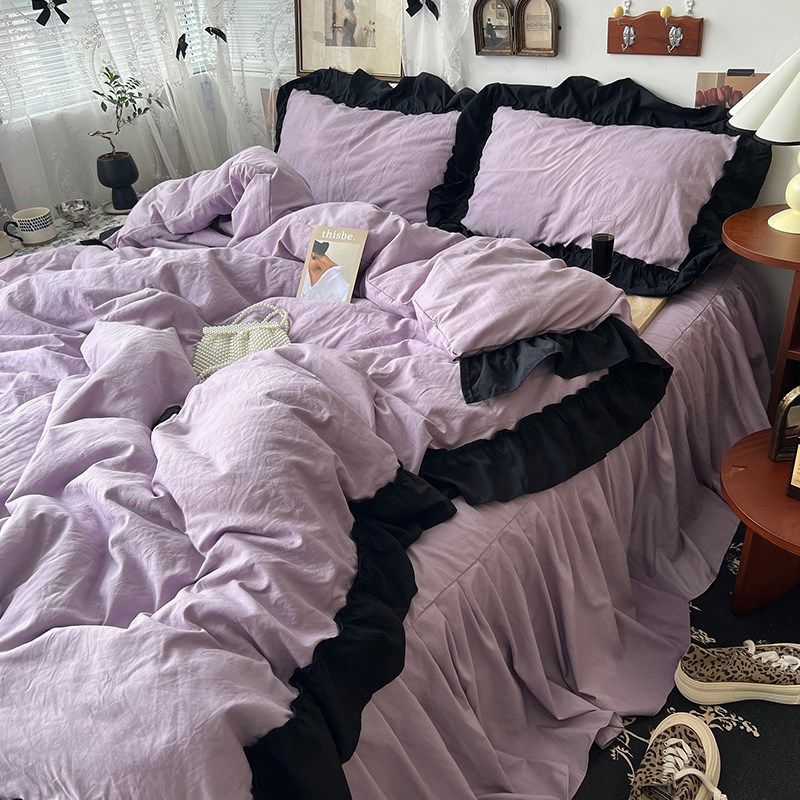法式紫色四件套纯色水洗棉黑色花边心床裙被套床上三件套女生宿舍