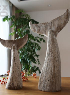 YBOX实木复古手工鱼尾巴摆件民宿样板房装饰鲸鱼尾巴工艺品摆件