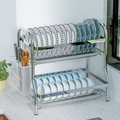 厨房双层碗碟架沥水架双层不锈钢多功能落地台面小型沥水篮收纳架
