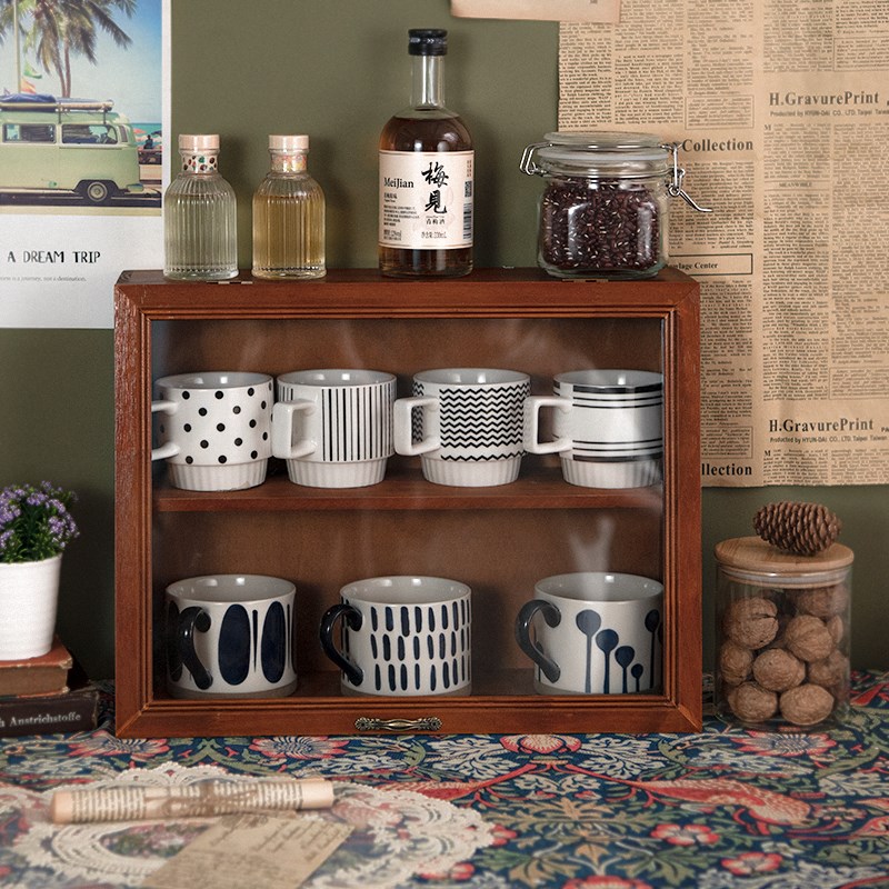 复古桌面马克杯收纳盒咖啡杯子茶具展示柜实防尘木水杯化妆品木质