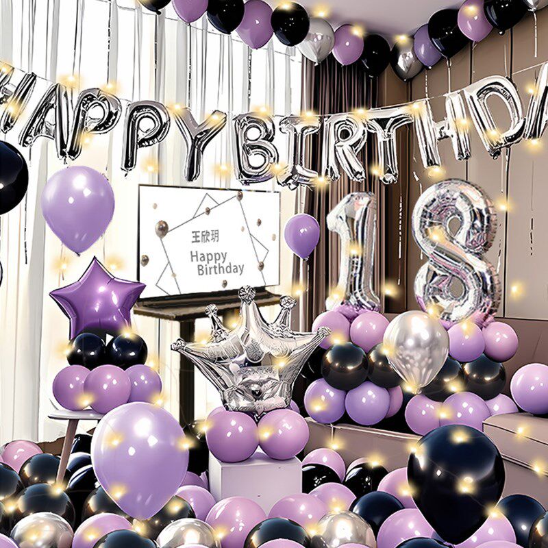 紫色生日布置气球装饰场景18岁女孩家里过惊喜快乐闺蜜仪式感女神