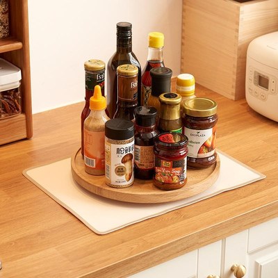 实木旋转托盘家用桌面木质调料品架化妆品收纳盒厨房置物橡木圆盘