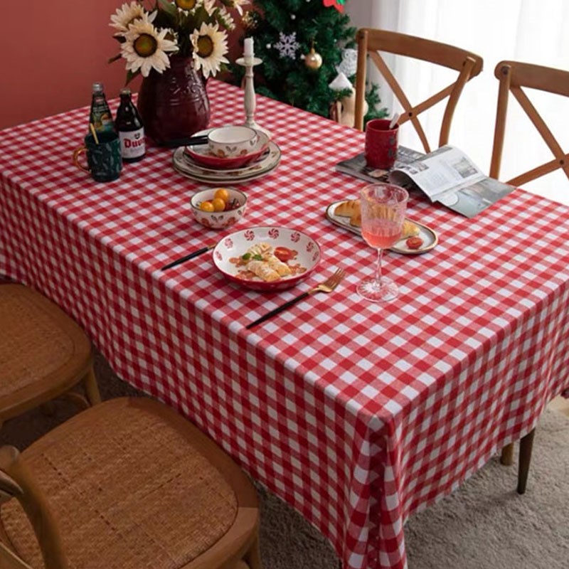 ins红色格子全棉桌布长方形书桌复古野餐布氛围感拍照背景圣诞节