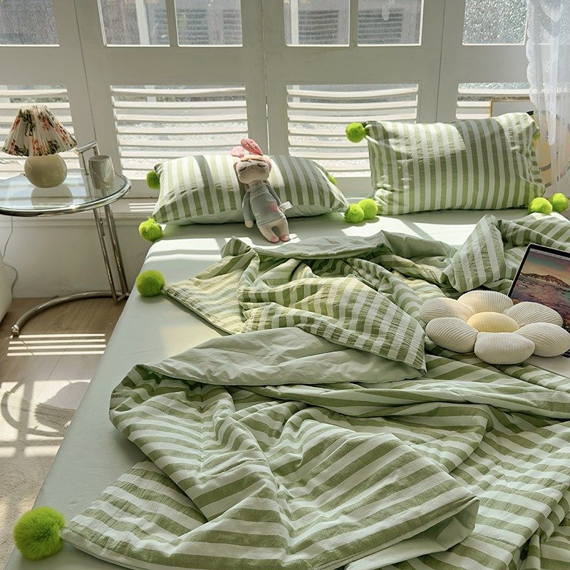 ins绿色条纹单双人毛球球水洗棉夏凉被四件套薄被子空调被可水洗