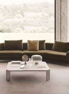 极简美式轻奢墨绿色绒布别墅大户型客厅布艺褶皱转角弧形沙发组合