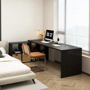 黑色实木L型转角桌书柜一体电脑桌卧室家用电竞桌子学生窗边书桌