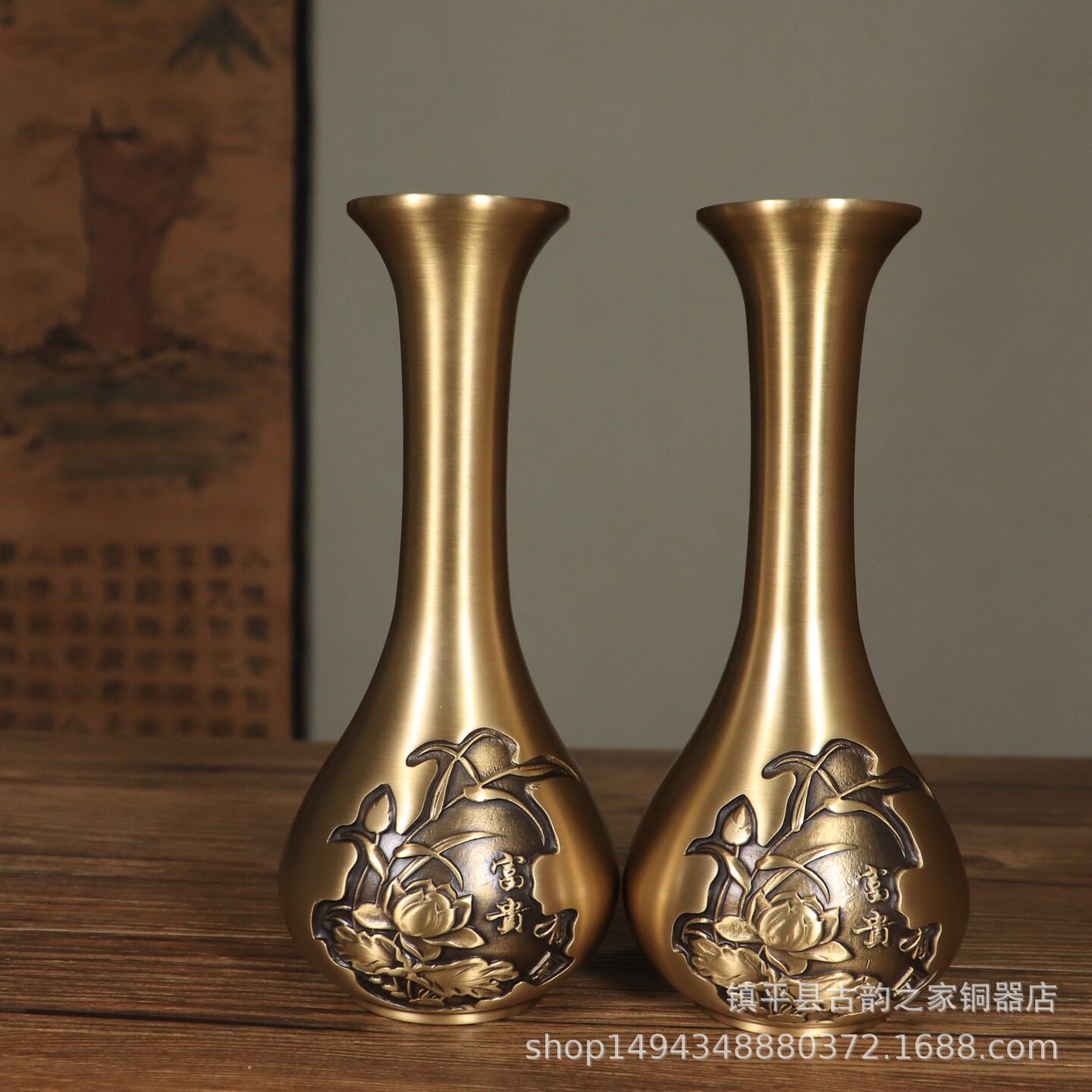 纯铜富贵有余花瓶长颈瓶铜制花瓶摆件仿古做旧插花瓶家居铜工艺品