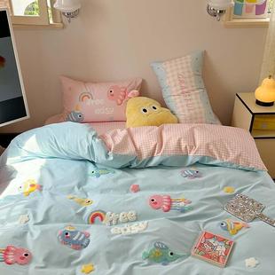 磨毛四件套100纯棉卡通毛巾绣刺绣被套儿童床上1.2三件套刺绣款