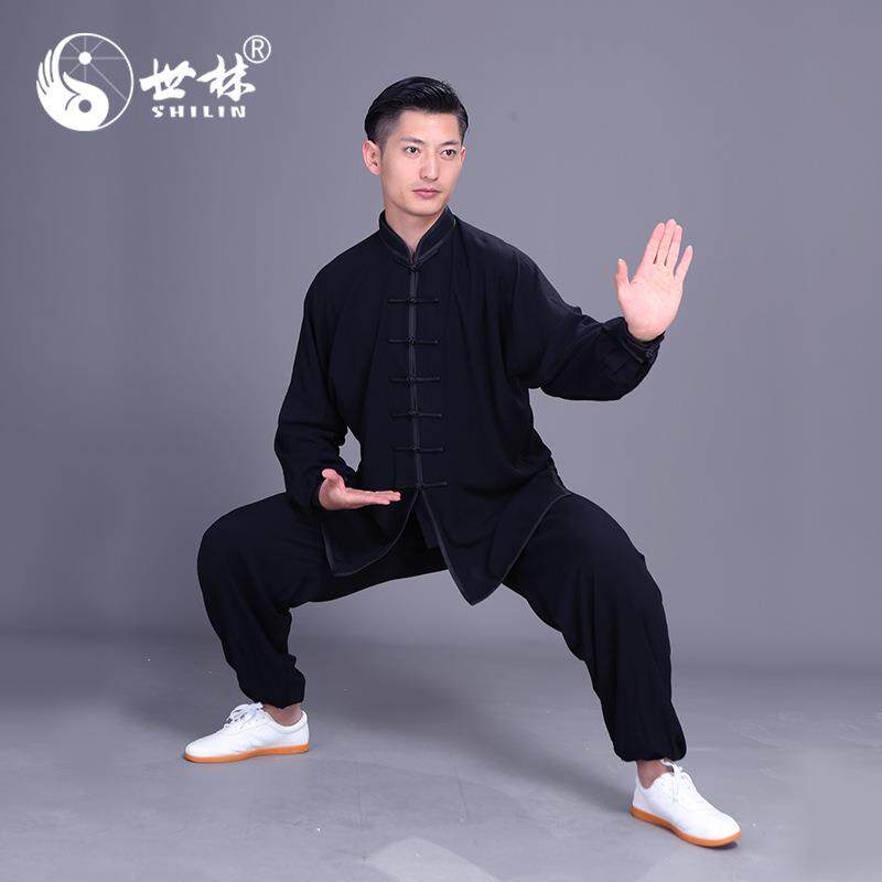 黑色太极服男款棉加丝道袍居士服武术晨练功服
