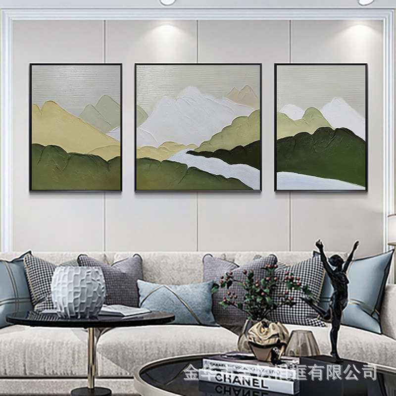 纯手绘抽象山水肌理油画现代简约客厅立体装饰画发财鹿三联挂画
