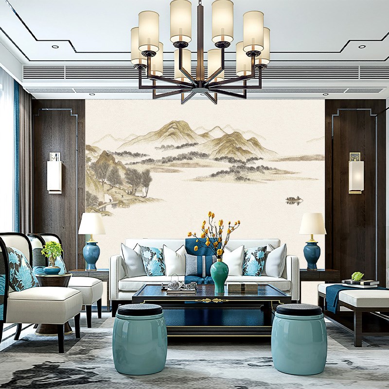 独绣刺绣无c缝壁布山水画行云流水客厅电视沙发背景墙布新中式