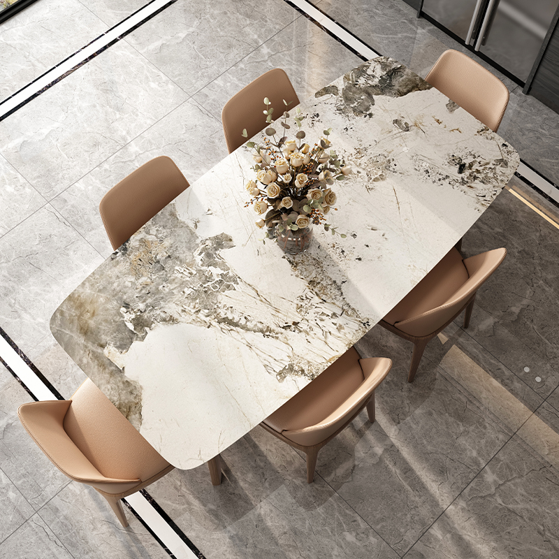 北欧胡桃木色岩板餐n桌简约小户型家用轻奢大理石实木餐桌椅组合