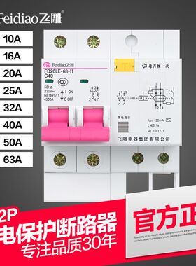 飞雕空气电闸开关带漏电触电保护器家用断路器空开2p漏保63安a