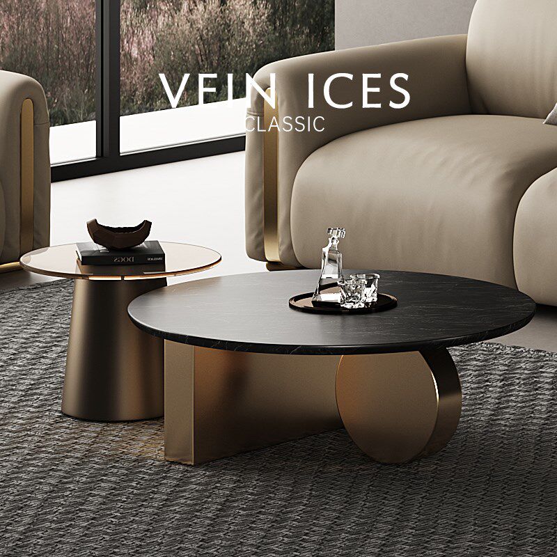 客厅高级感轻奢现代简约小型大理石玻璃圆型茶几桌子组合不锈钢