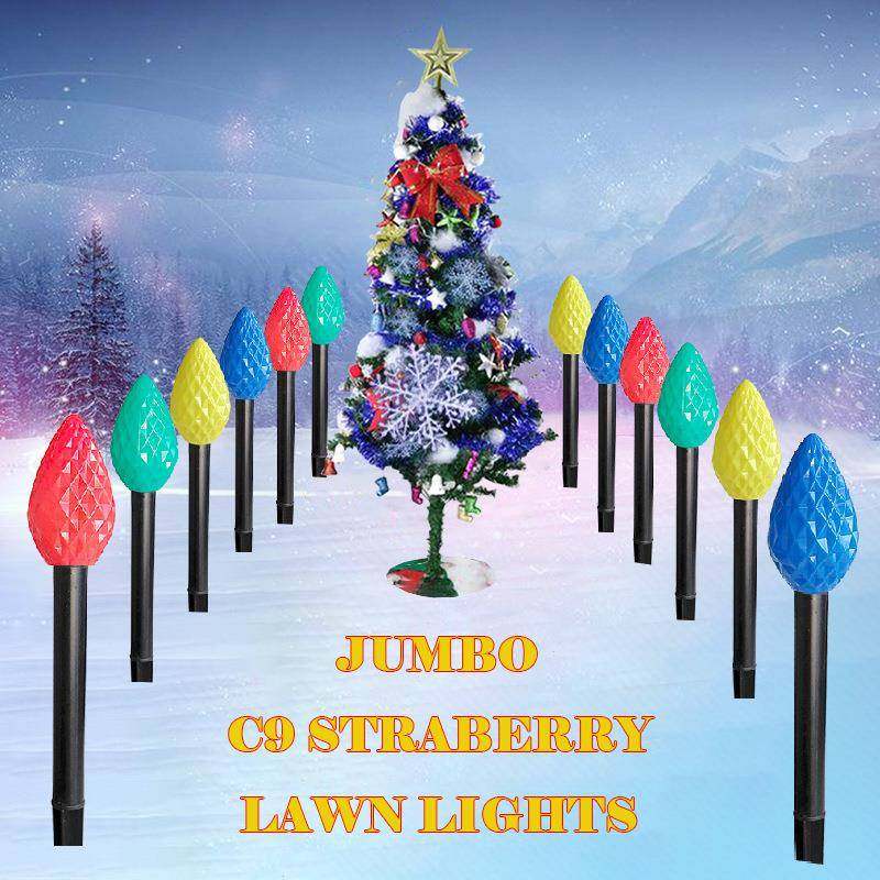 新款太阳能一拖十二C9草莓LED灯串圣诞节花园庭院装饰地插灯