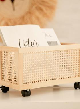 北欧松木竹编收纳筐藤编木质储物篮电视柜玄关整理盒带轮家居收纳