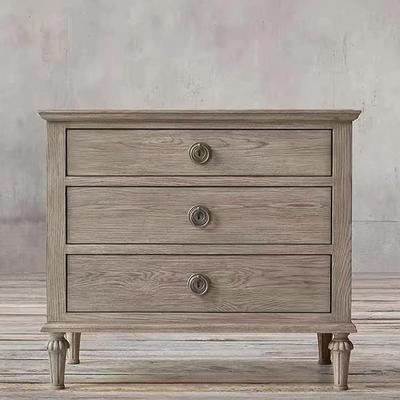 橡木灰色床头柜RH美式轻奢实木雕刻卧室三抽床边柜床尾柜储物新款