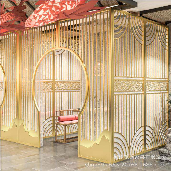 新中式铁艺茶楼茶室包间花格月亮门月洞门屏风拱门隔断墙餐厅卡座