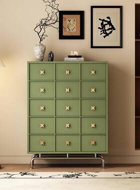中古风六九柜多巴胺卧室边柜THM复古床尾斗实柜抽客厅拼色绿色木