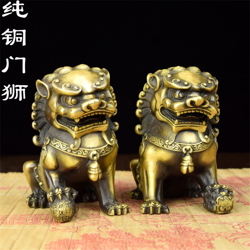 纯铜狮子摆件镇宅狮子对狮子黄铜仿古狮子摆件镇宅狮子小号铜狮子