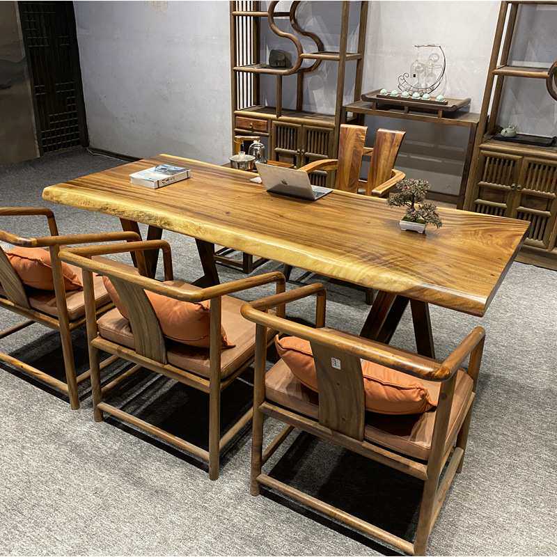 胡桃木大板实木原木泡茶桌整板茶台新中式老板桌简约办公桌椅组合