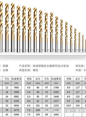 AUTDA奥滕1.0-10mm高速钢镀钛全磨直柄麻花钻头19支套装AT-01910