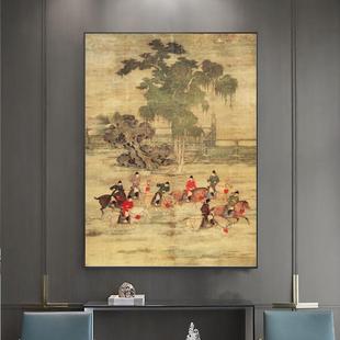 八达游春图古代人物骑马画新中式书房装饰画酒店走廊竖版挂画仿古