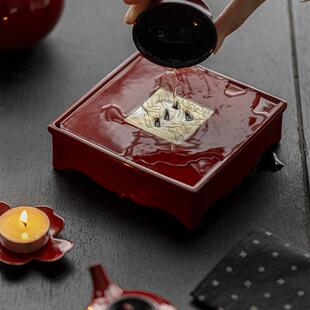 陶瓷壶承带无品牌/台盖蓄水干泡台风赭鎏银国茶承小茶茶海小茶红