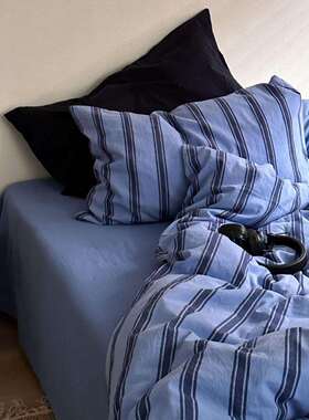 简约北欧蓝色条纹纯棉水洗棉四件套混搭床单被套床笠宿舍床品