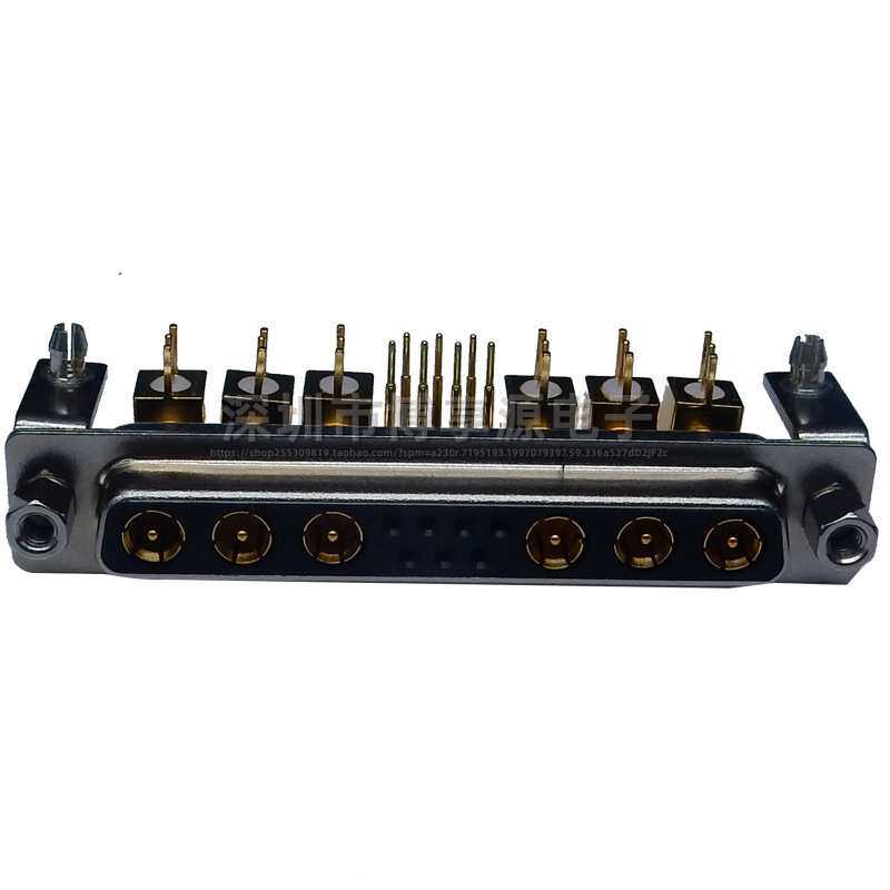 D-SUB(13W6)同轴射频弯脚母座 信号7+6针母头电源连接器 铆鱼叉