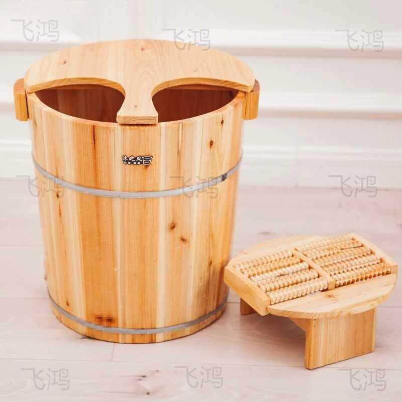 40CM高足浴木桶泡脚木桶加盖洗脚盆实木质446足疗桶家用足浴桶加