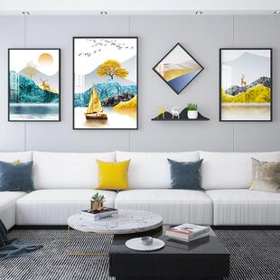 新中式客厅4【金帆风框晶瓷水画铝金装属饰画置物架合山组合金画