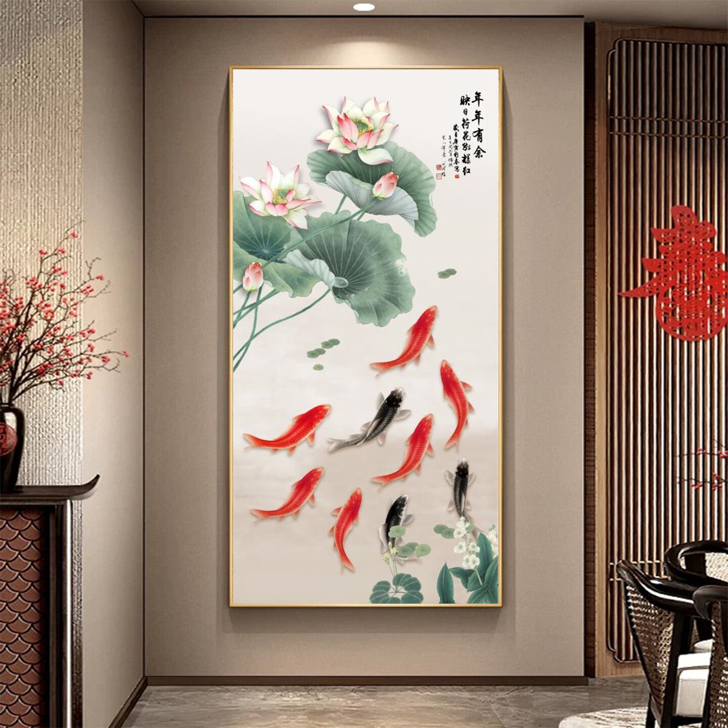 九鱼图玄关装饰画新中式入户正对门走廊过道客厅墙纸壁画