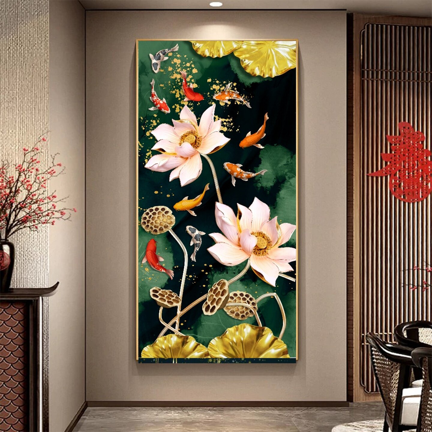 九鱼图玄关装饰画新中式入户正对门走廊过道客厅墙纸壁画