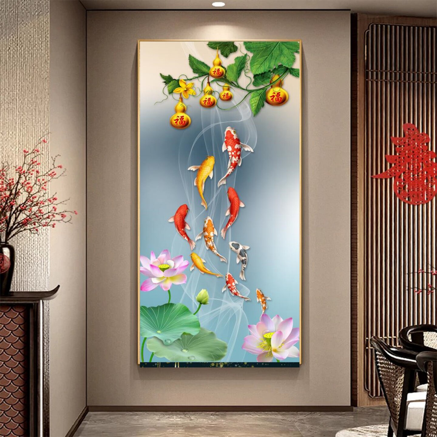 九鱼图玄关装饰画新中式入户正对门走廊过道客厅墙纸壁画