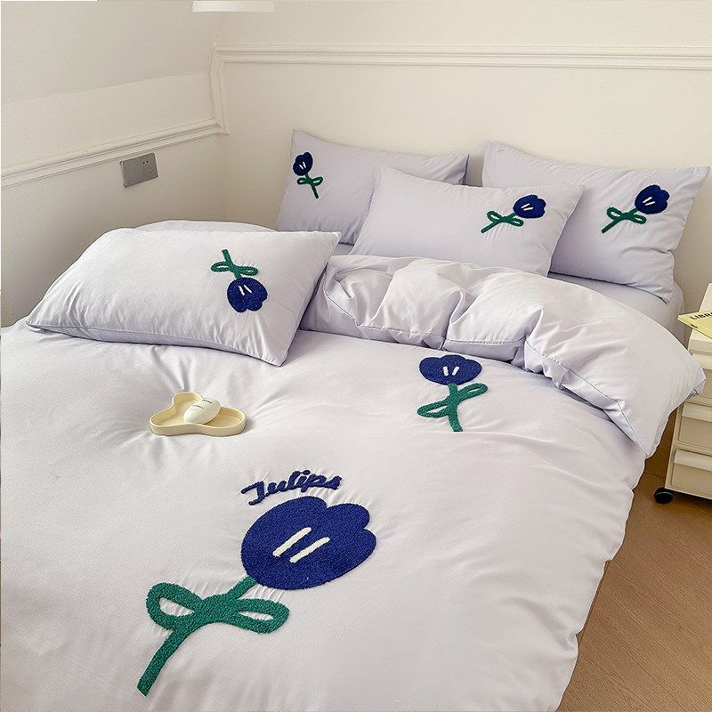 紫色郁金香毛巾绣四件套简约款绣花纯色水洗棉床品四季款被套床单