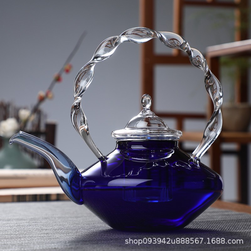 日式简约宝蓝色玻璃煮茶壶烧水壶可加热玻璃壶花篮提梁壶旋转把手
