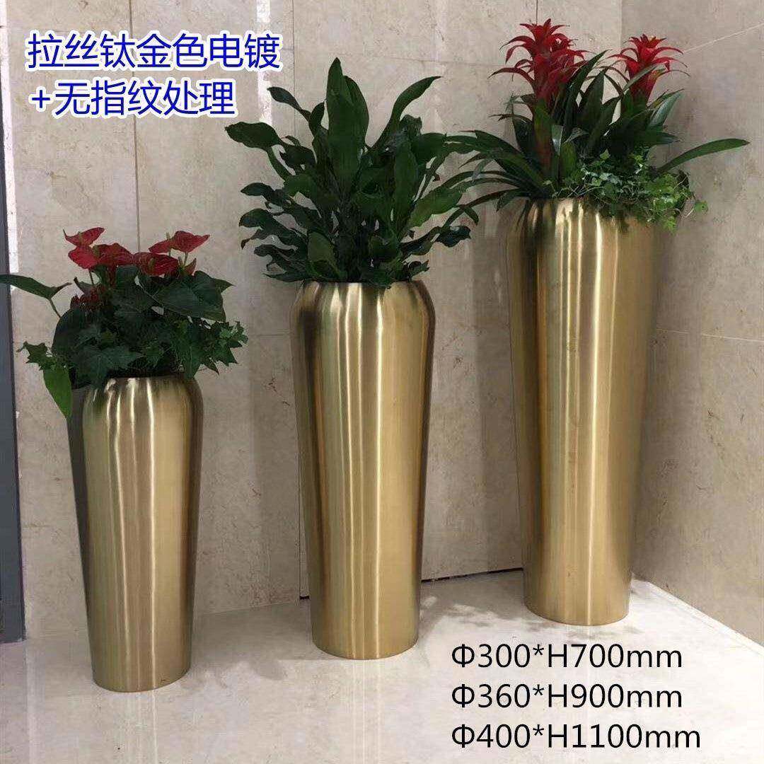 电镀金色圆形鼓形不锈钢花盆花钵花器欧美玫瑰金圆形花盆制作