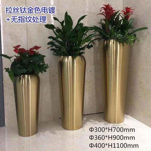 电镀金色圆形鼓形不锈钢花盆花钵花器欧美玫瑰金圆形花盆制作