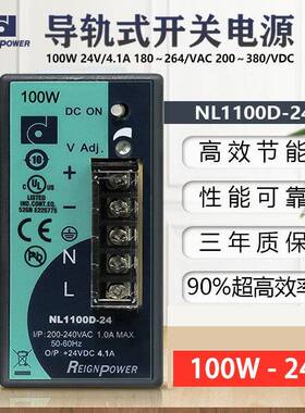 昂鼎REIGNPOWER100W24V开关电源导轨电源工业直流稳压电源