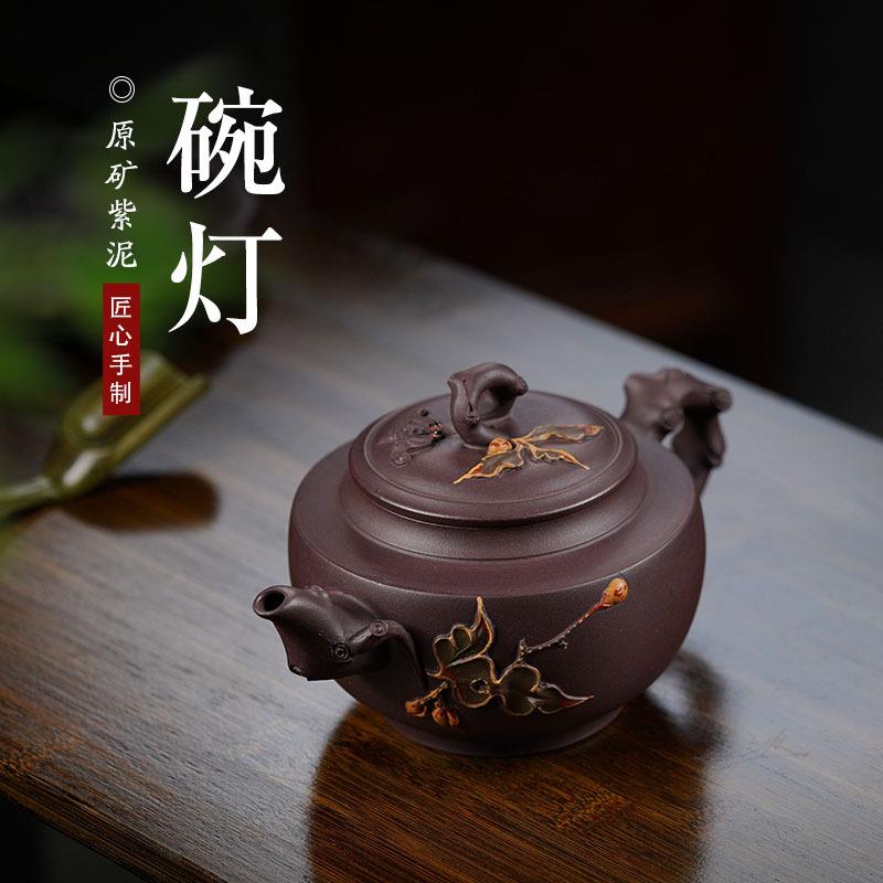 蝙蝠葡萄茶壶福寿如意全手工碗灯紫砂壶名家原矿老紫泥树桩贴花壶