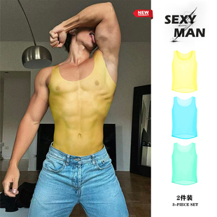 两条装 超薄隐形打底衣塑型锁温舒适透气透明背心性感纯色运动 男士