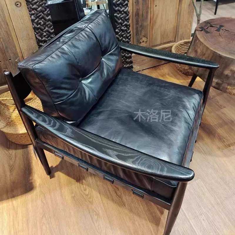北欧单人沙发椅休闲阅读椅子设计师中古咖啡椅酒店民宿看书椅皮革