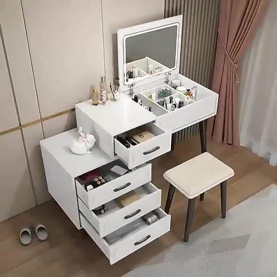 现代简约小户型翻盖梳妆台卧室轻奢隐藏镜带灯化妆桌收纳柜一体